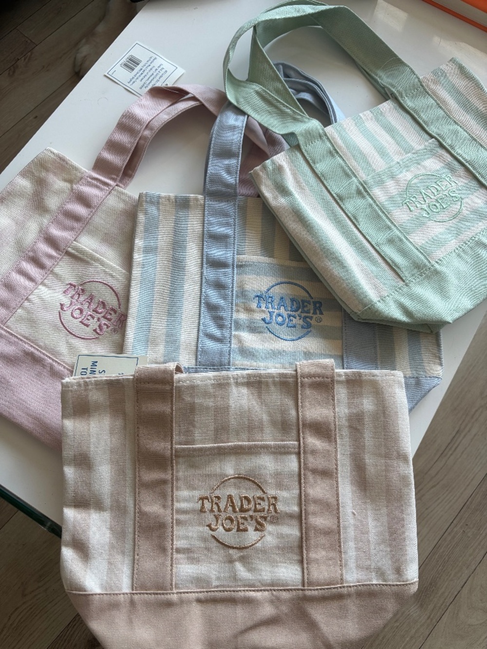 Set of Trader Joe's Pastel Striped Canvas Tote Bag - Pink, Blue, Mint, Beige
